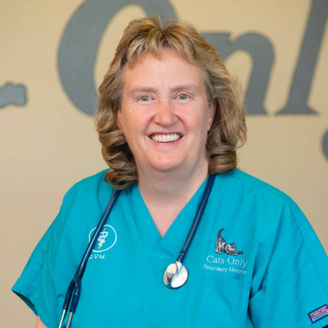 Smiling veterinarian in teal scrubs with stethoscope at Cats Only clinic